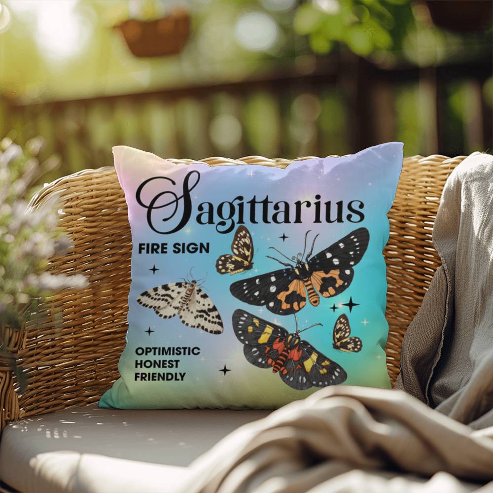 Sagittarius Butterfly Indoor/Outdoor Pillow – Zodiac Astrology Decor, Boho Accent for Home & Patio