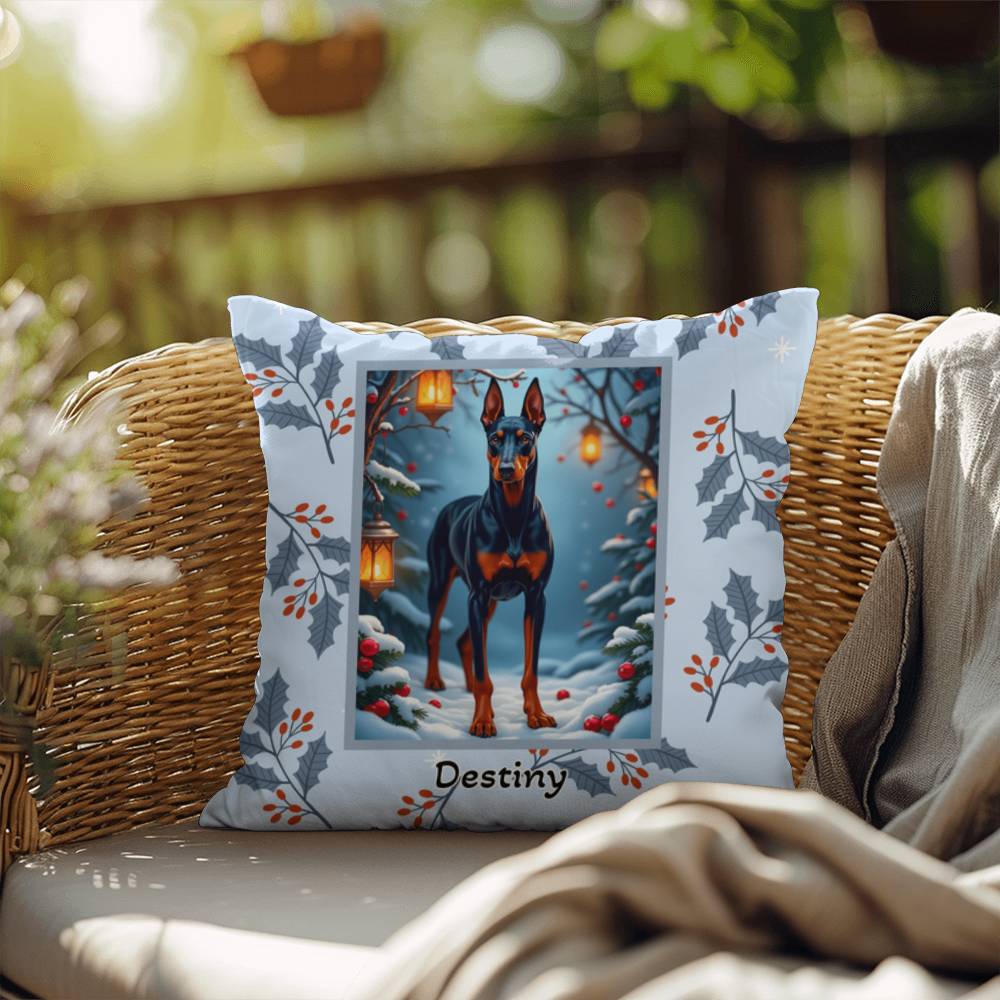 Doberman Blue & Rust Pillow - Festive winter throw pillow, personalized guardian dog home accent, cozy decor