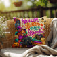 Witch Better Take A Break saying with witch themed self care artwork on a Halloween pillow