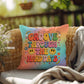 Custom affirmation pillow with “Groove Through the Hard Days” in retro style, great for emotional support and self-care zones