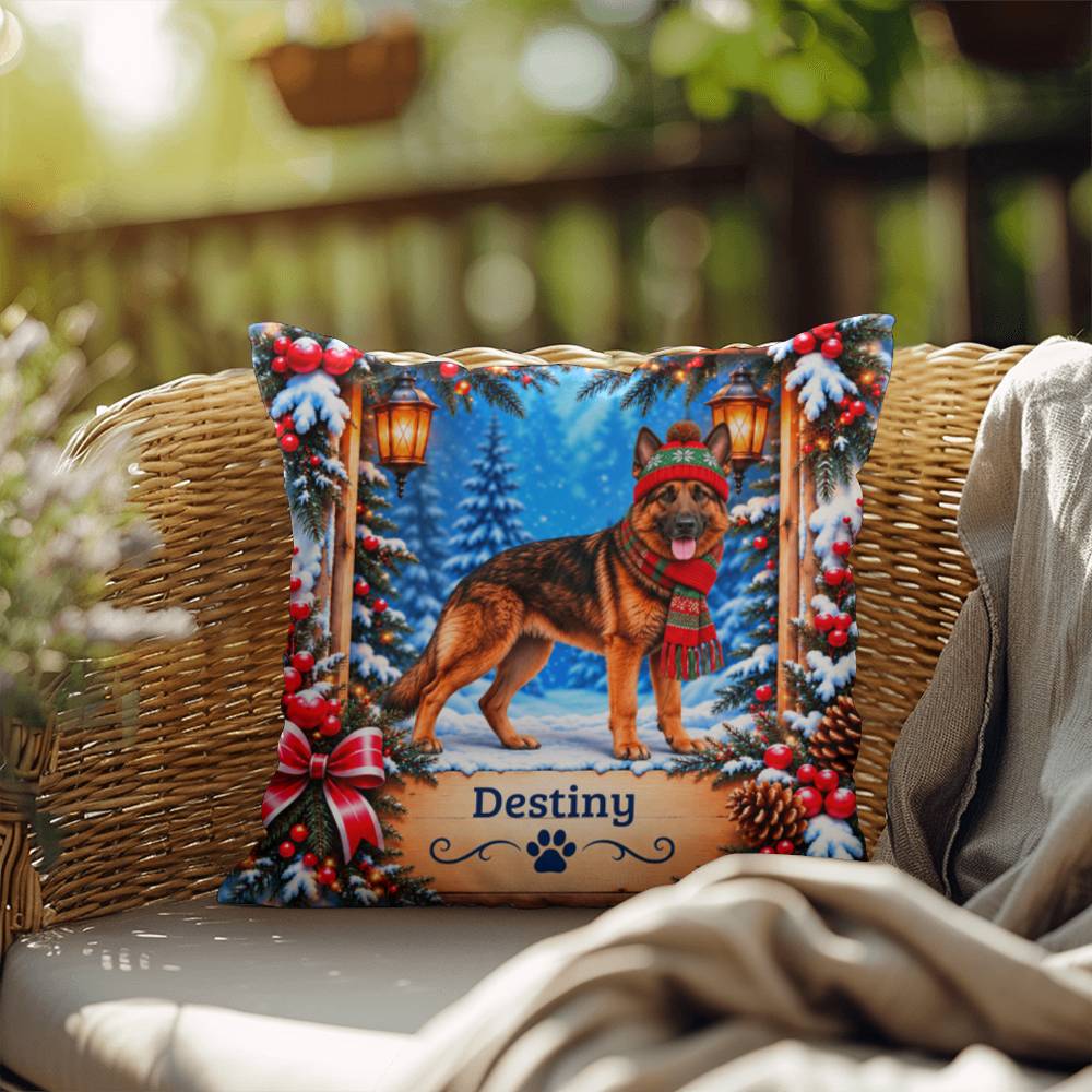 German Shepherd (Red Sable Coat) - Personalized Rustic Winter Pillow, Dog Name Gift for GSD Lovers