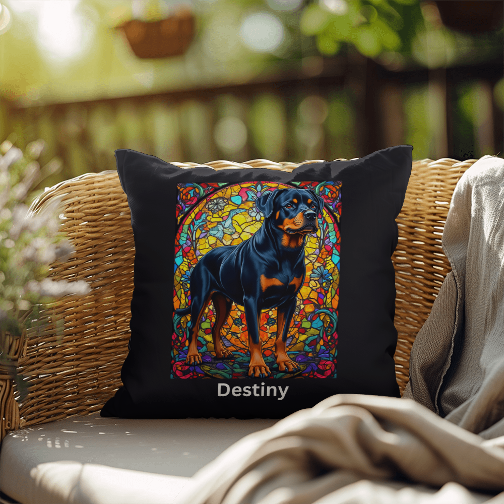 Rottweiler (Black and Rust) Indoor/Outdoor Pillow - Personalized Stained Glass Dog Tribute & Comfort Gift