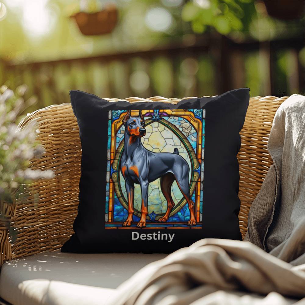 Doberman Pinscher (Blue & Rust) Indoor/Outdoor Pillow - Personalized Stained Glass Dog Tribute & Comfort Gift