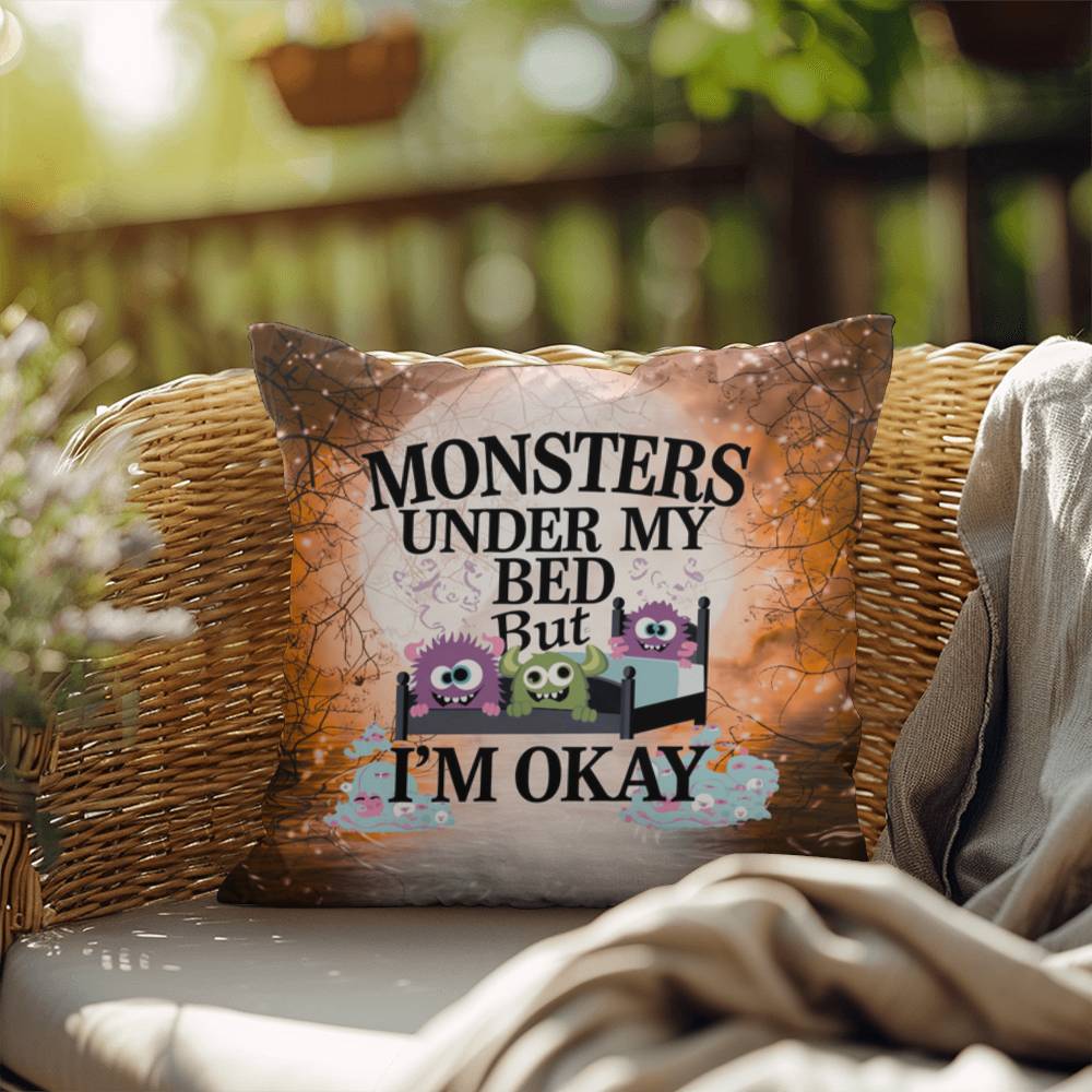 Halloween indoor/outdoor throw pillow with “Monsters Under My Bed” for seasonal fun