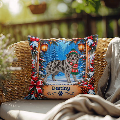Australian Shepherd (Solid Blue Merle, Amber Eyes) - Personalized Name Pillow, Winter Woodland Decor