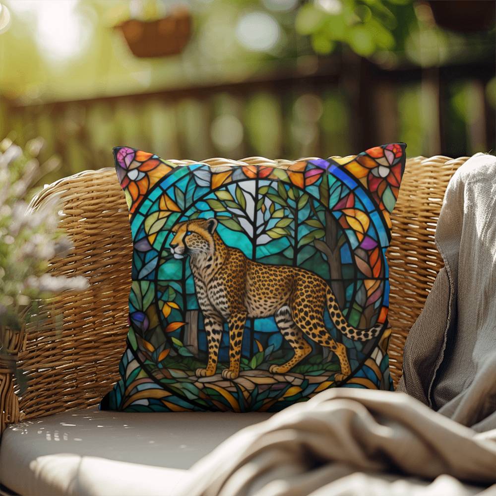 Cheetah stained glass throw pillow, indoor outdoor animal print decor, safari home accent cushion