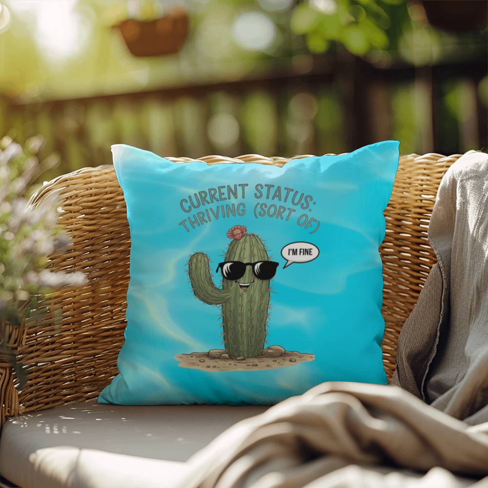 "Current Status: Thriving (Sort Of)" indoor/outdoor pillow, mental health support cushion for anxiety relief and relaxation.