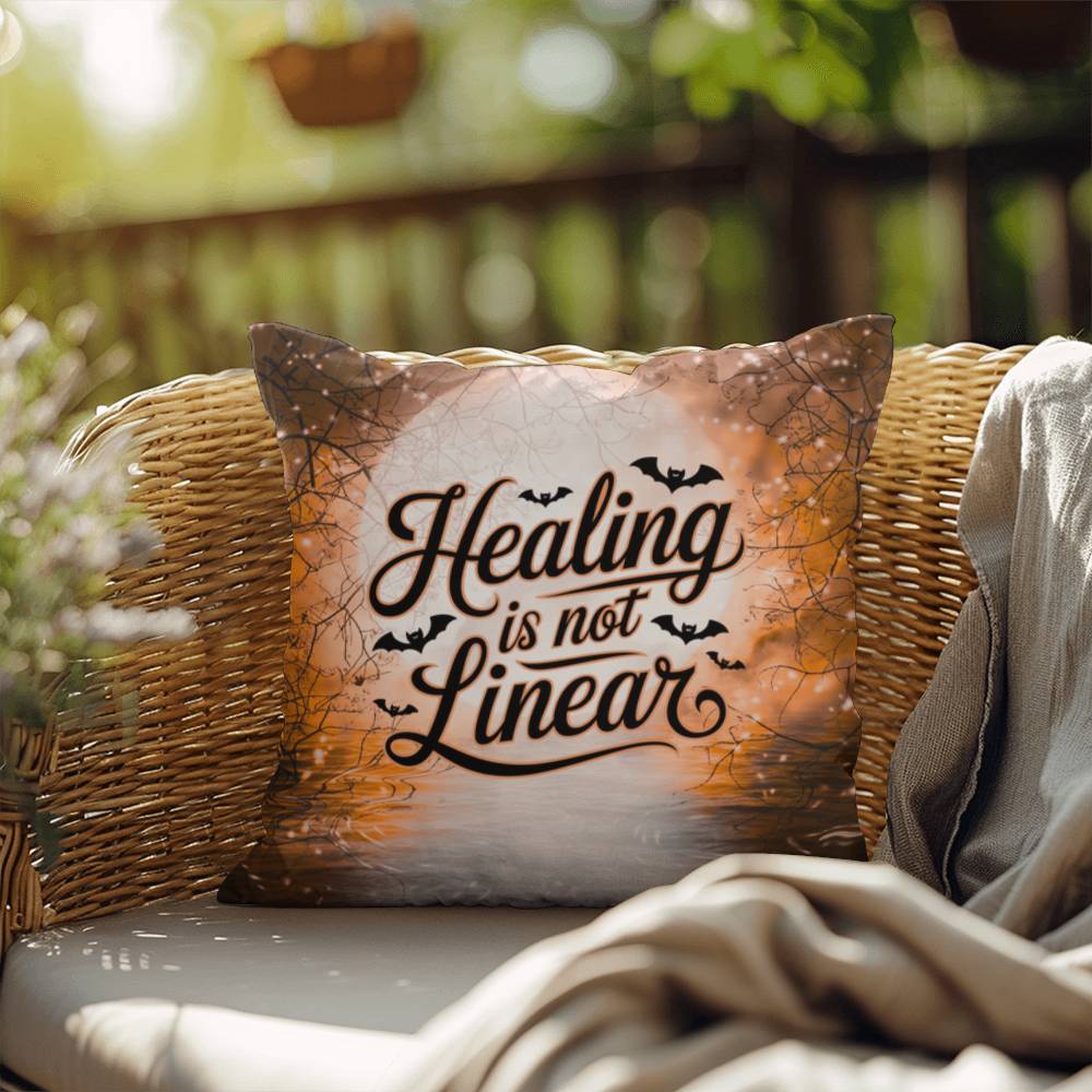 Mental health indoor/outdoor pillow with “Healing Is Not Linear” for self-care and positivity