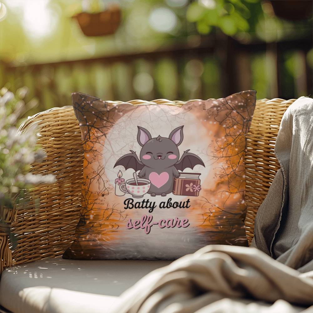 Halloween indoor/outdoor throw pillow with bats and “Batty About Self-Care” for mental health encouragement
