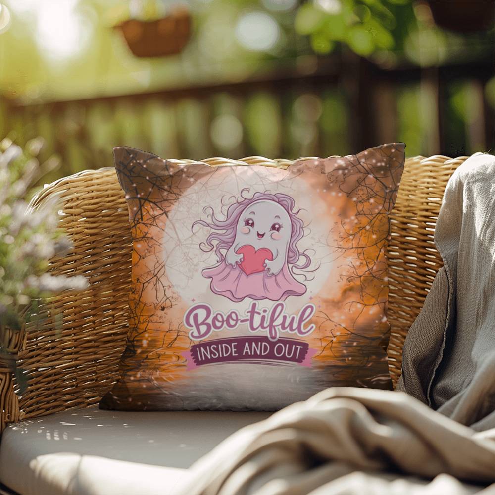 Halloween indoor/outdoor pillow with a cute ghost and “Boo-tiful” for mental health and seasonal charm