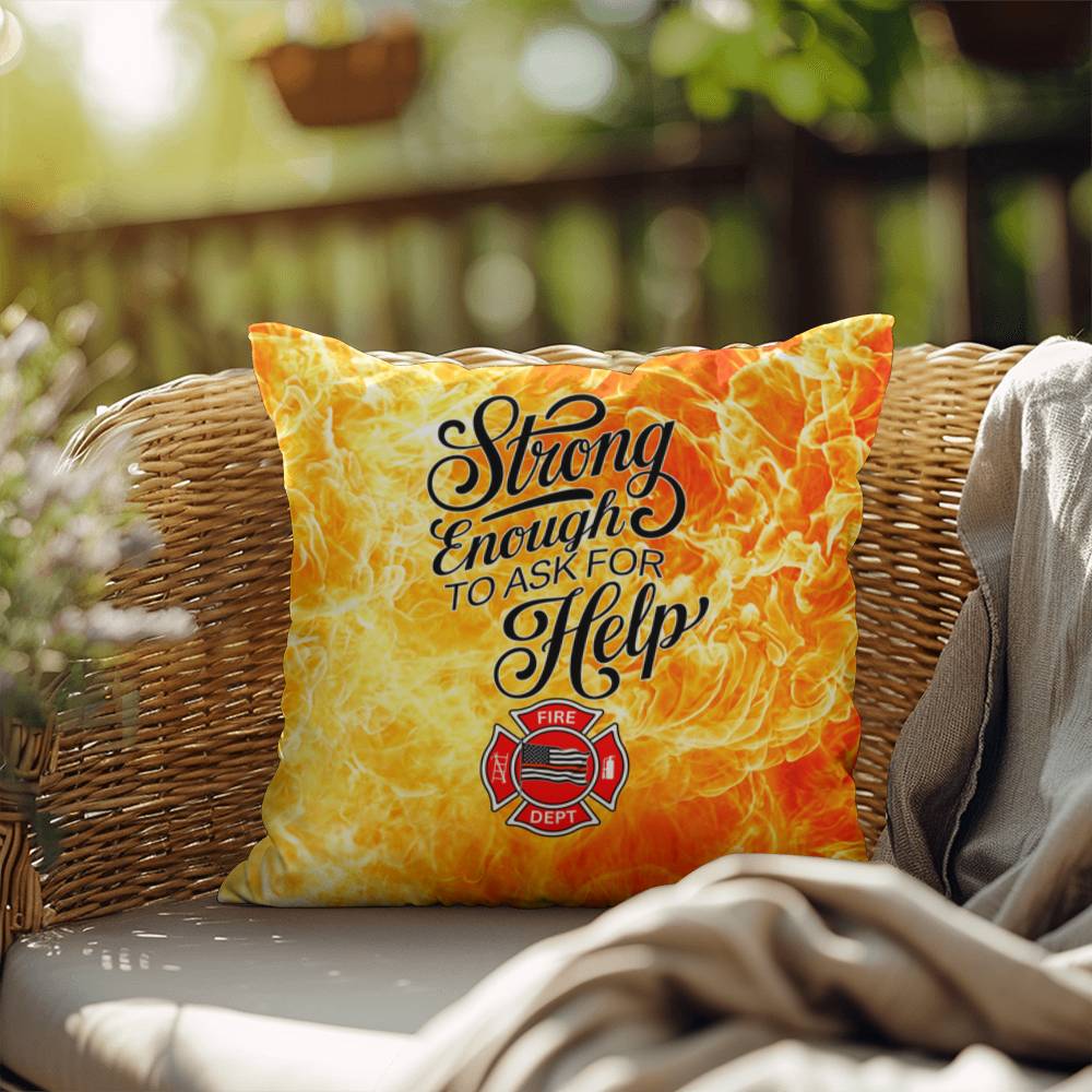 Pillow design for first responders, celebrating strength in asking for help and seeking mental health support when needed.