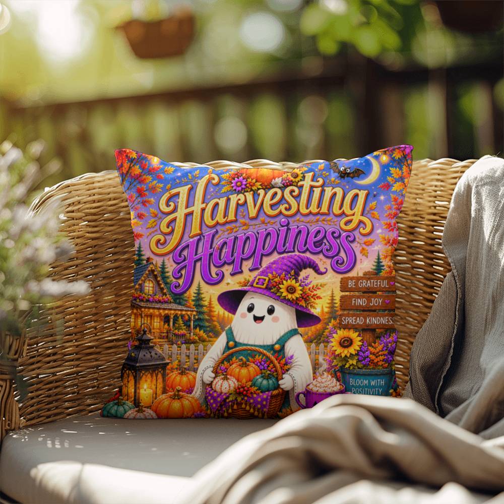 Harvesting Happiness quote with autumn harvest artwork on a Halloween throw pillow promoting gratitude
