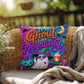 Too Ghoul For Negativity quote with positive ghost artwork on a Halloween throw pillow