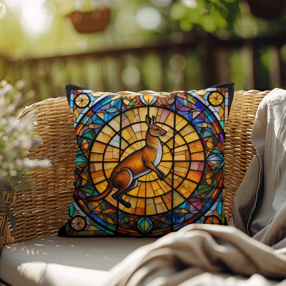 Kangaroo stained glass throw pillow, wildlife animal home decor, indoor outdoor accent pillow