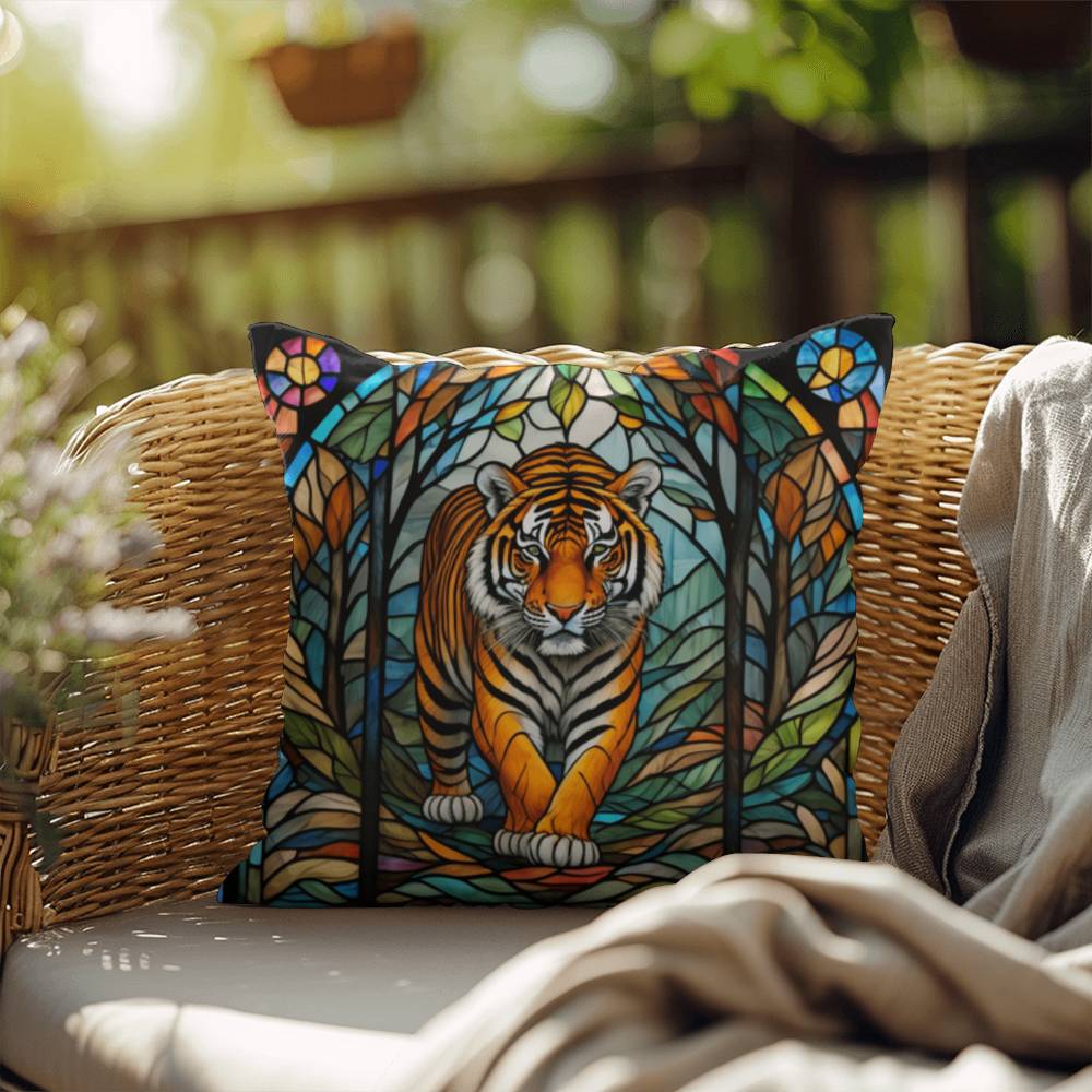 Tiger stained glass throw pillow, jungle wildlife decor, indoor outdoor accent pillow