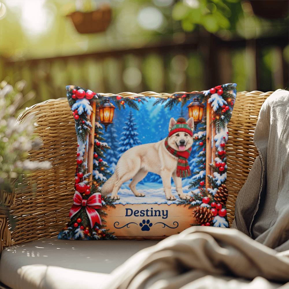 German Shepherd (White Coat) - Personalized Snowy Woodland Pillow, Winter Gift for Dog Lovers