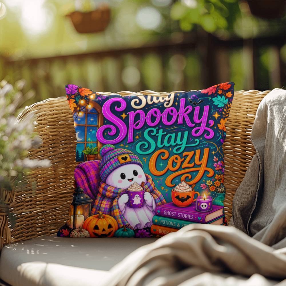 Stay Spooky Stay Cozy quote with ghosts and books on a Halloween throw pillow