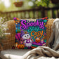 Stay Spooky Stay Cozy quote with ghosts and books on a Halloween throw pillow