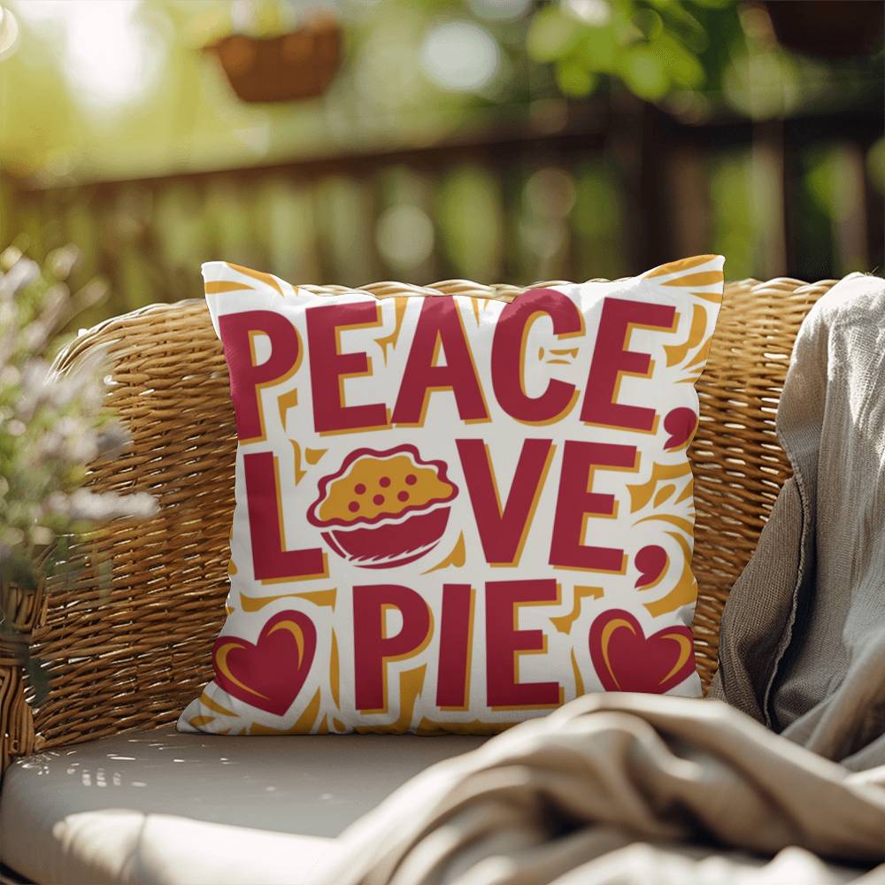 Peace, Love, Pie throw pillow with colorful fall design and mindfulness quote for seasonal comfort