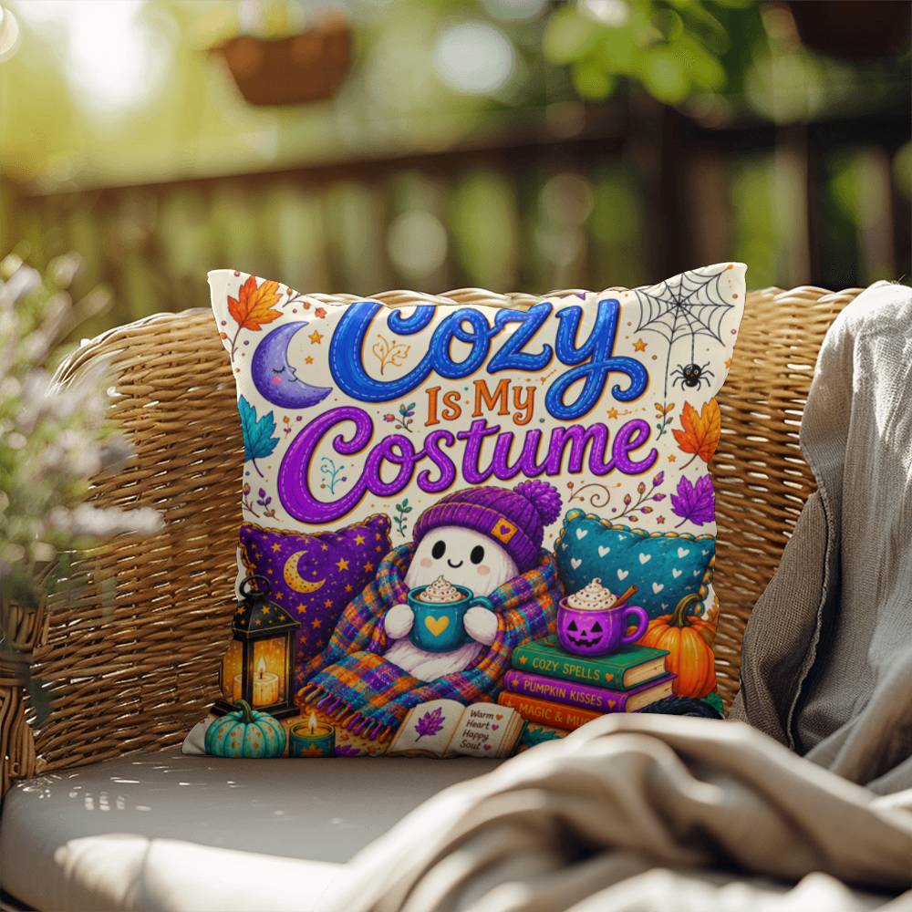 Cozy Is My Costume saying with ghost artwork on a Halloween throw pillow inspired by autumn comfort