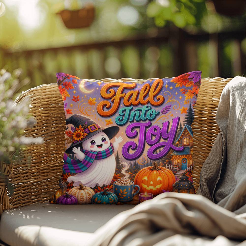 Fall Into Joy Halloween Throw Pillow - Cute Witch Ghost Pumpkin Spice Pillow