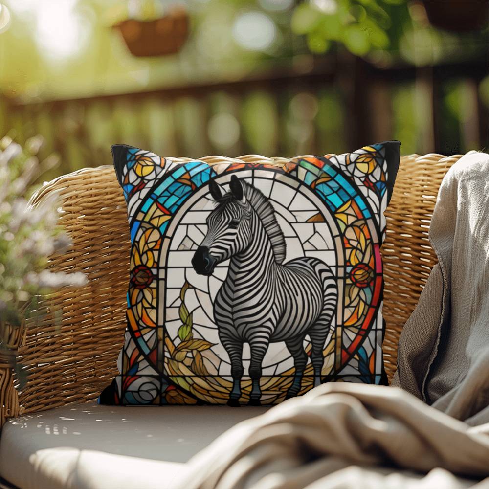 Zebra stained glass throw pillow, safari wildlife home decor, indoor outdoor accent cushion