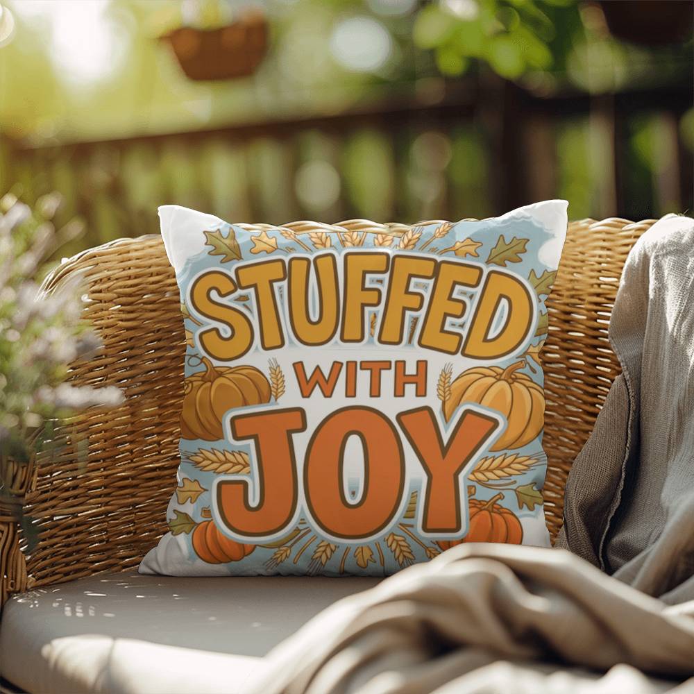 Stuffed With Joy pillow in autumn colors with mindful gratitude quote for cozy Thanksgiving décor