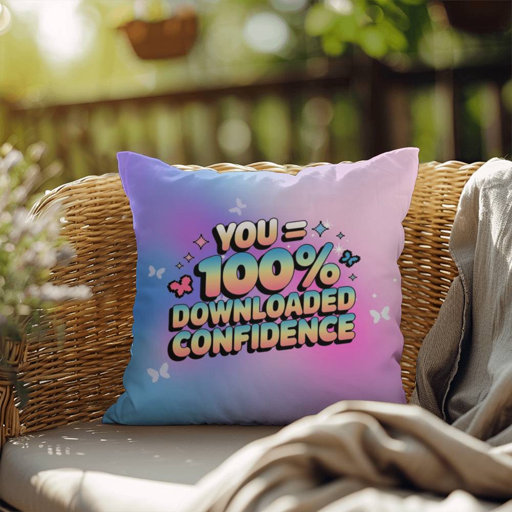 "100% Downloaded Confidence" statement pillow with customizable Y2K design and sparkly digital visuals in a soothing palette