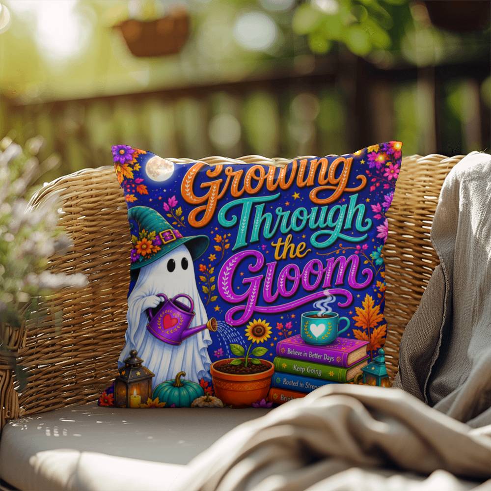 Growing Through The Gloom Halloween Throw Pillow - Trauma Recovery Survivor Gift