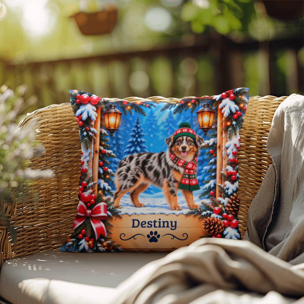 Australian Shepherd (Blue Merle & Copper Coat) - Personalized Aussie Pillow, Winter Cabin Gift