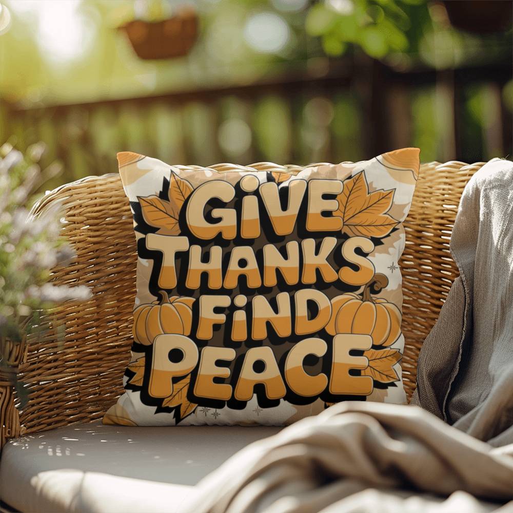 Give Thanks, Find Peace throw pillow with mindful Thanksgiving quote and vibrant autumn décor colors