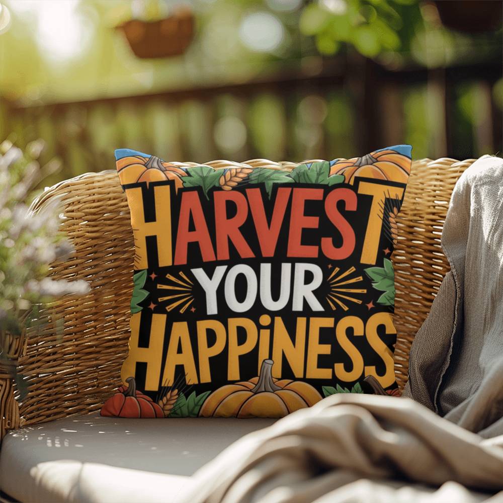 Harvest Your Happiness pillow in autumn hues with mindful Thanksgiving quote and cozy seasonal décor