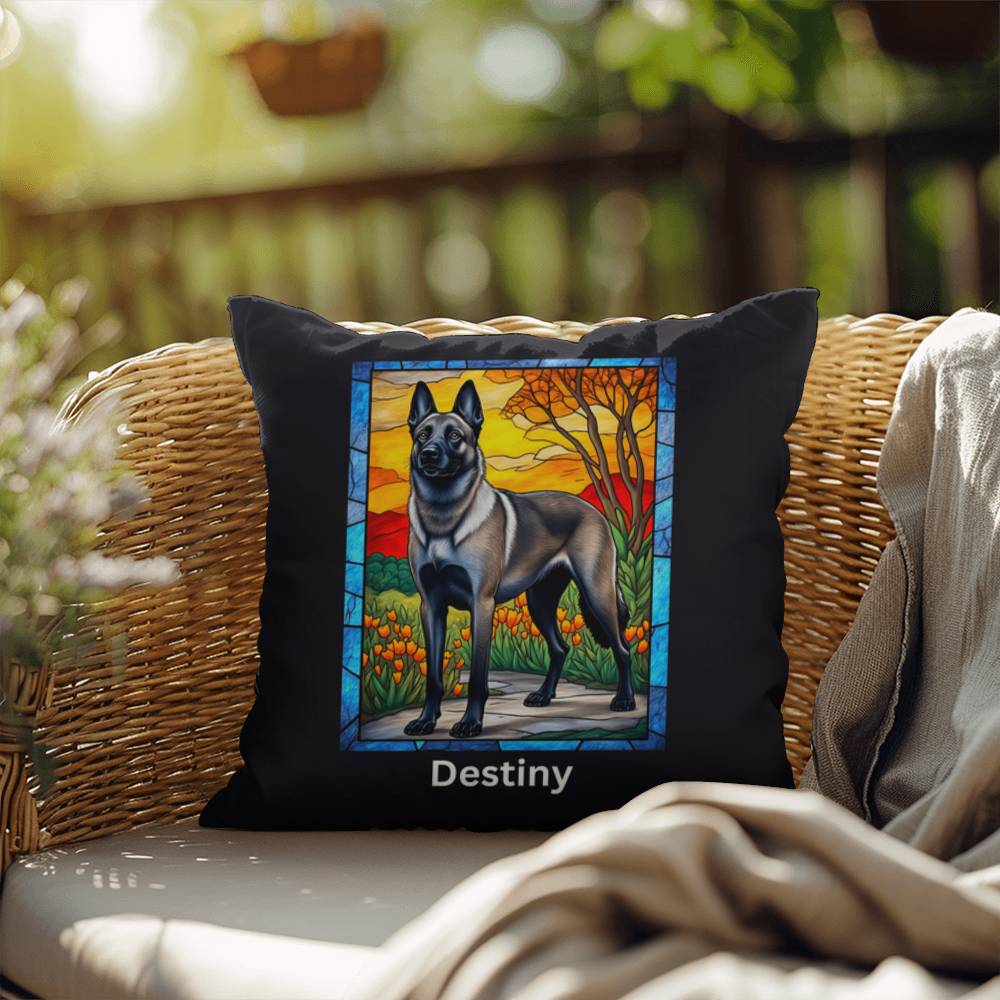 Belgian Malinois (Gray Sable) Indoor/Outdoor Pillow - Personalized Stained Glass Dog Tribute & Comfort Gift