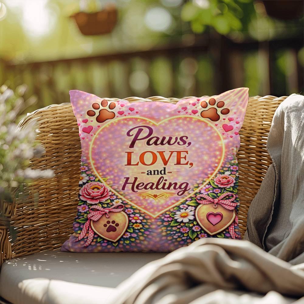 Shop our premium paws love and healing throw pillow from MySisterIsASurvivor.