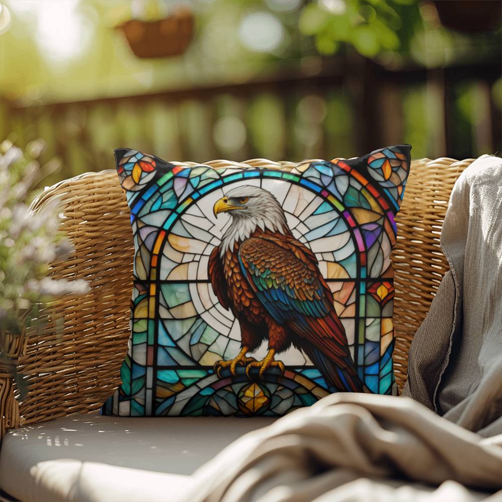 Eagle stained glass throw pillow, birds of prey wildlife decor, indoor outdoor home accent