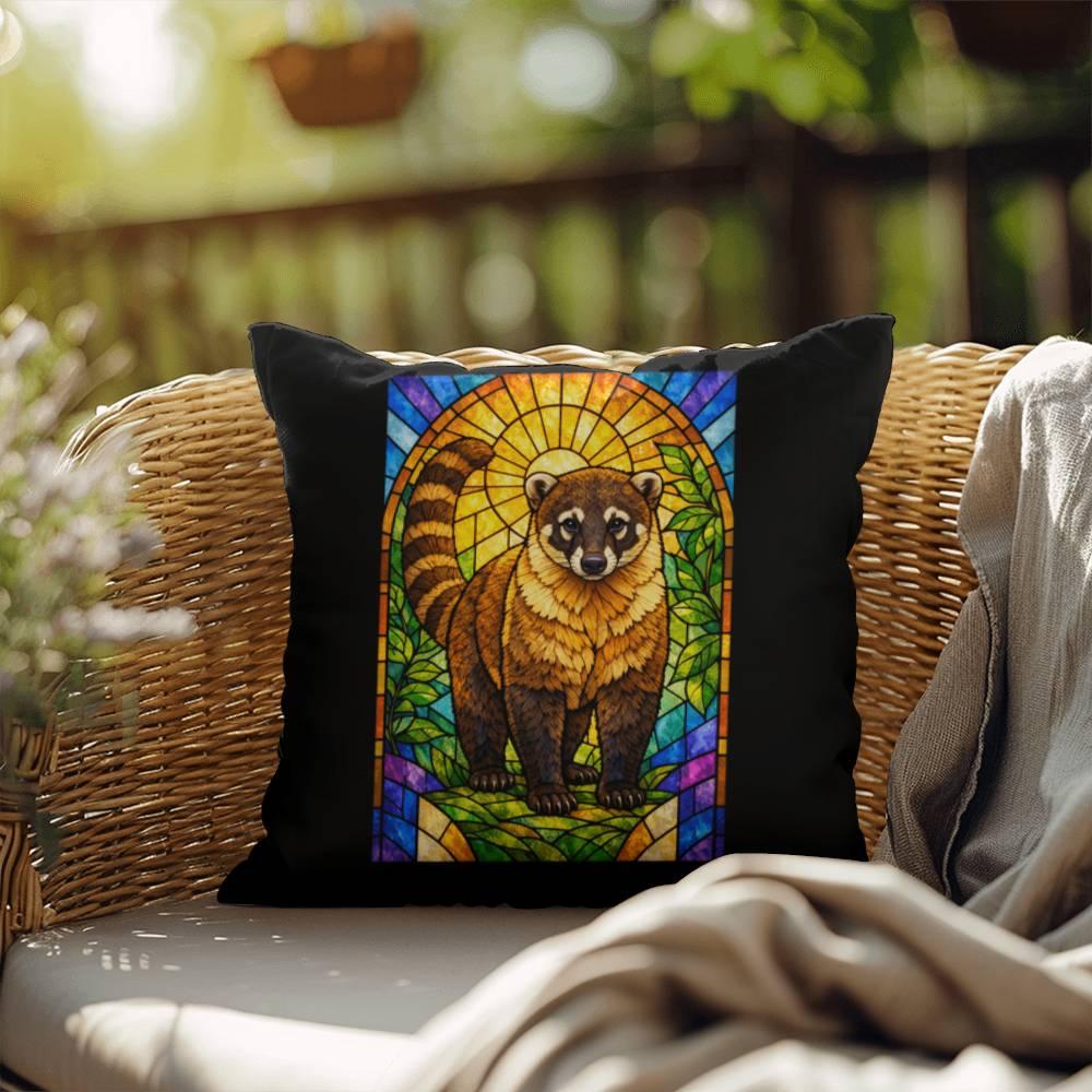 Shop our premium coati stained glass style throw pillow from MySisterIsASurvivor.