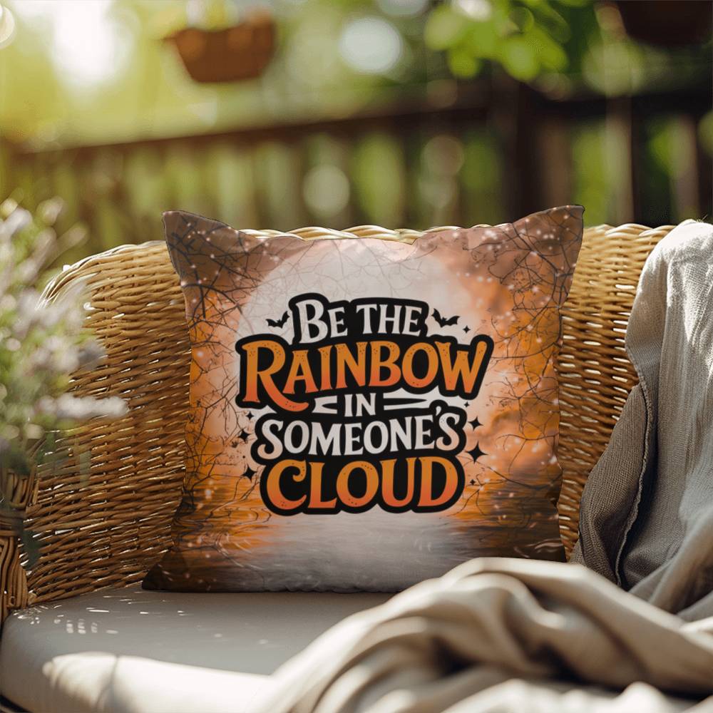 Decorative indoor/outdoor pillow with “Be The Rainbow” affirmation for mental health and cozy fall décor