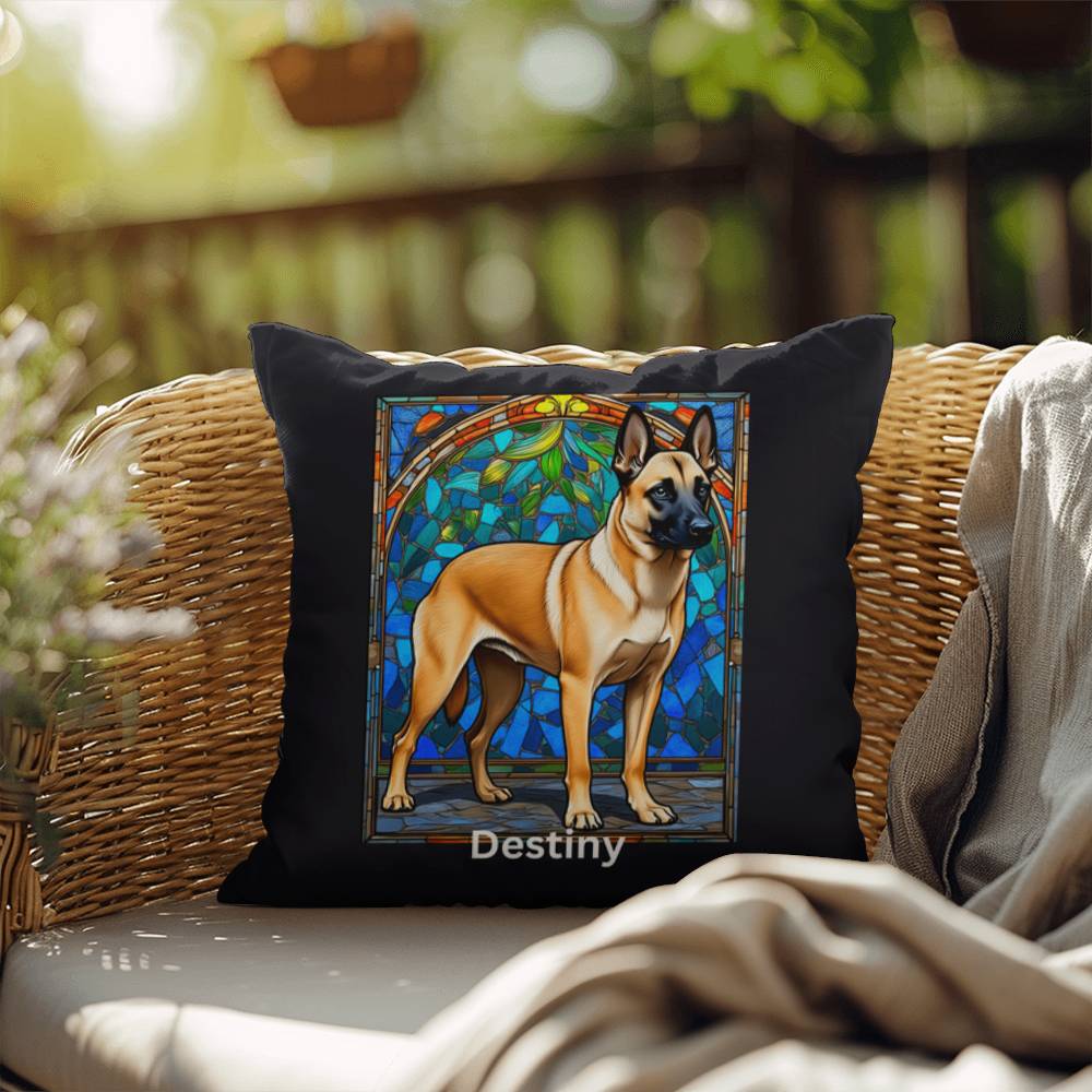 Belgian Malinois (Cream Sable) Indoor/Outdoor Pillow - Personalized Stained Glass Dog Tribute & Comfort Gift