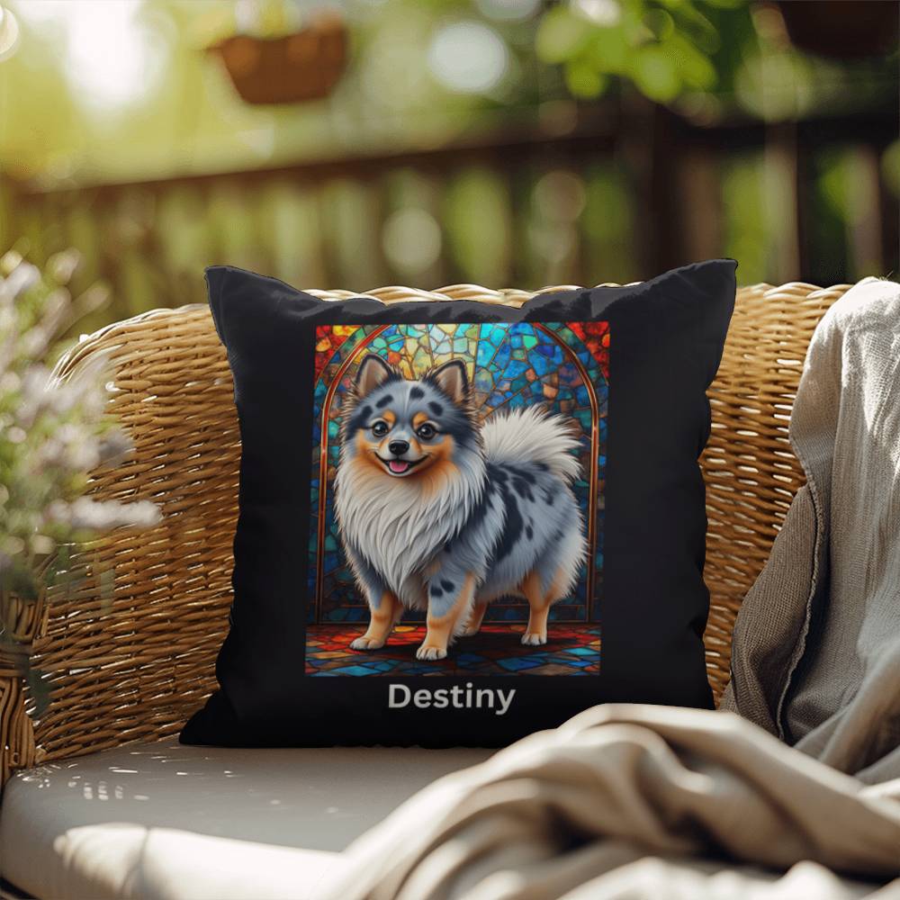 Pomeranian (Blue Merle) Indoor/Outdoor Pillow - Personalized Stained Glass Dog Tribute & Comfort Gift