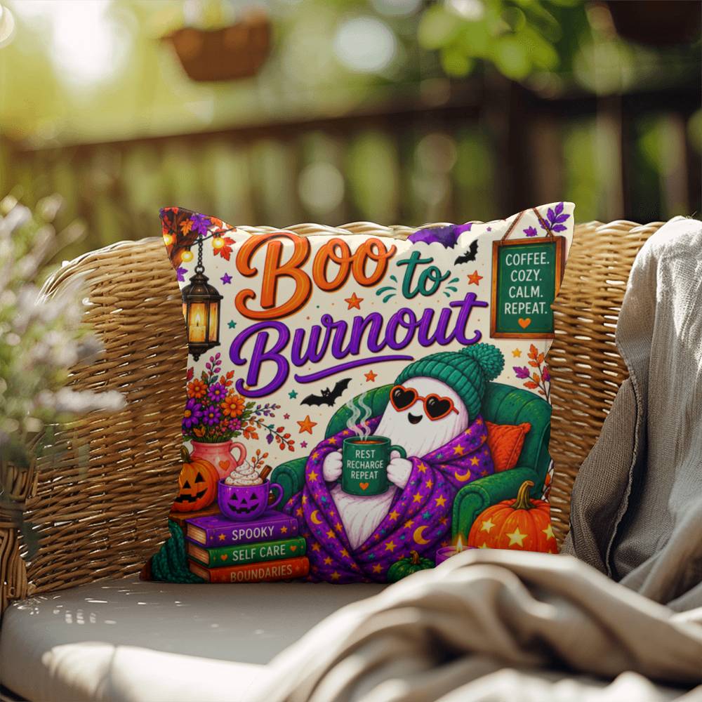 Boo To Burnout Halloween Throw Pillow - Coffee Cozy Calm Repeat Ghost Pillow