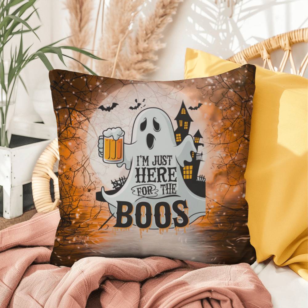 Ghost-themed indoor/outdoor Halloween pillow with “I’m Just Here For The Boos” for fun décor