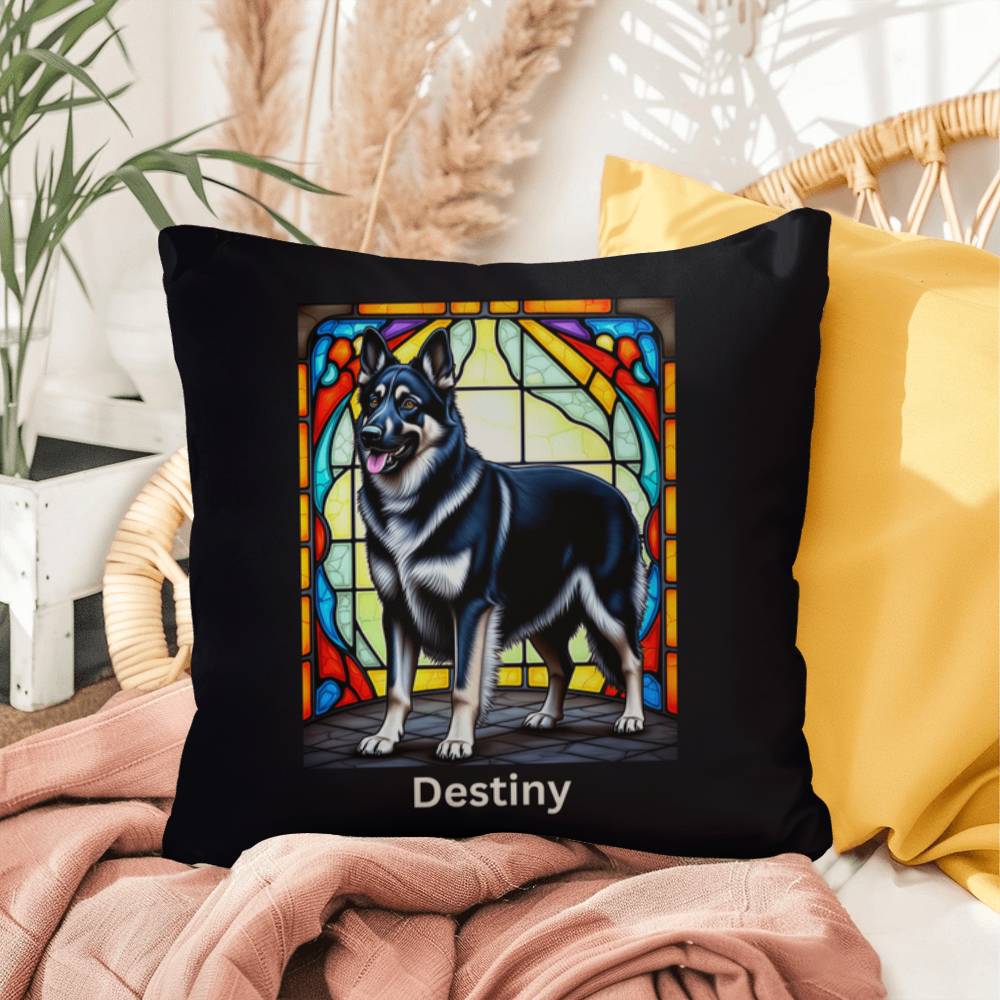 German Shepherd (Black and Silver) Indoor/Outdoor Pillow - Personalized Stained Glass Dog Tribute & Comfort Gift
