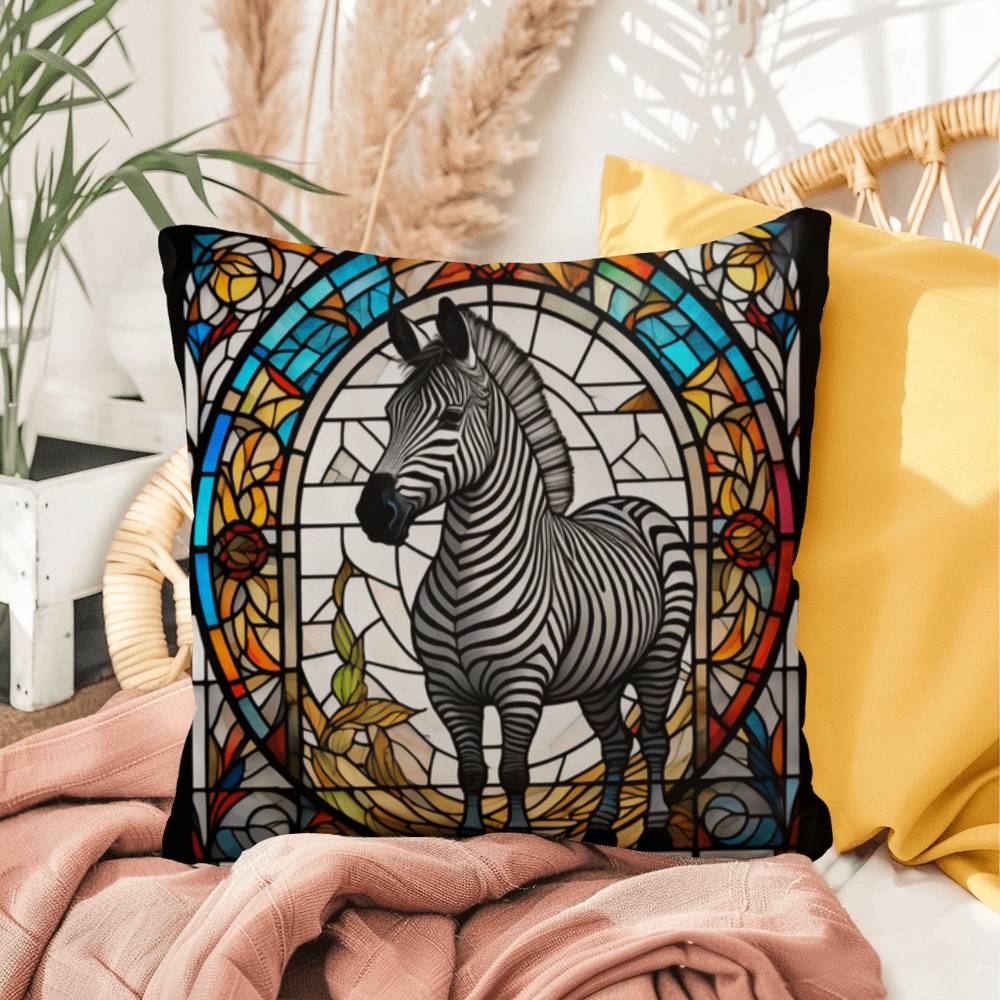 Zebra stained glass throw pillow, safari wildlife home decor, indoor outdoor accent cushion