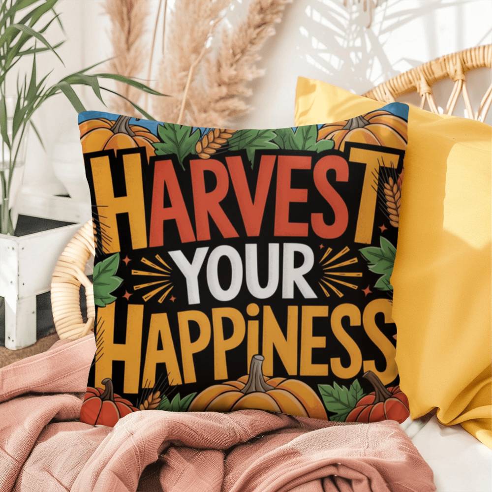 Harvest Your Happiness pillow in autumn hues with mindful Thanksgiving quote and cozy seasonal décor