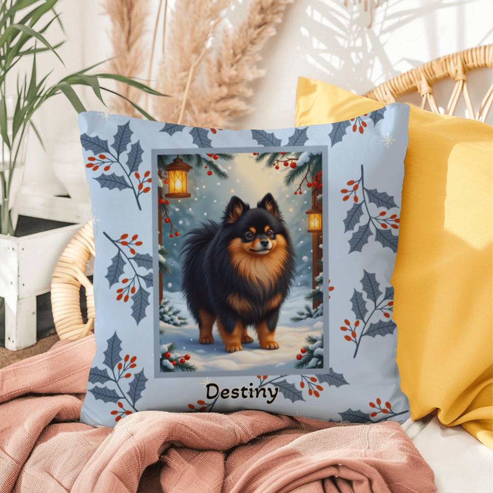 Pomeranian Black & Tan Pillow - Winter Pom throw pillow, festive dog accent, cozy indoor home decor