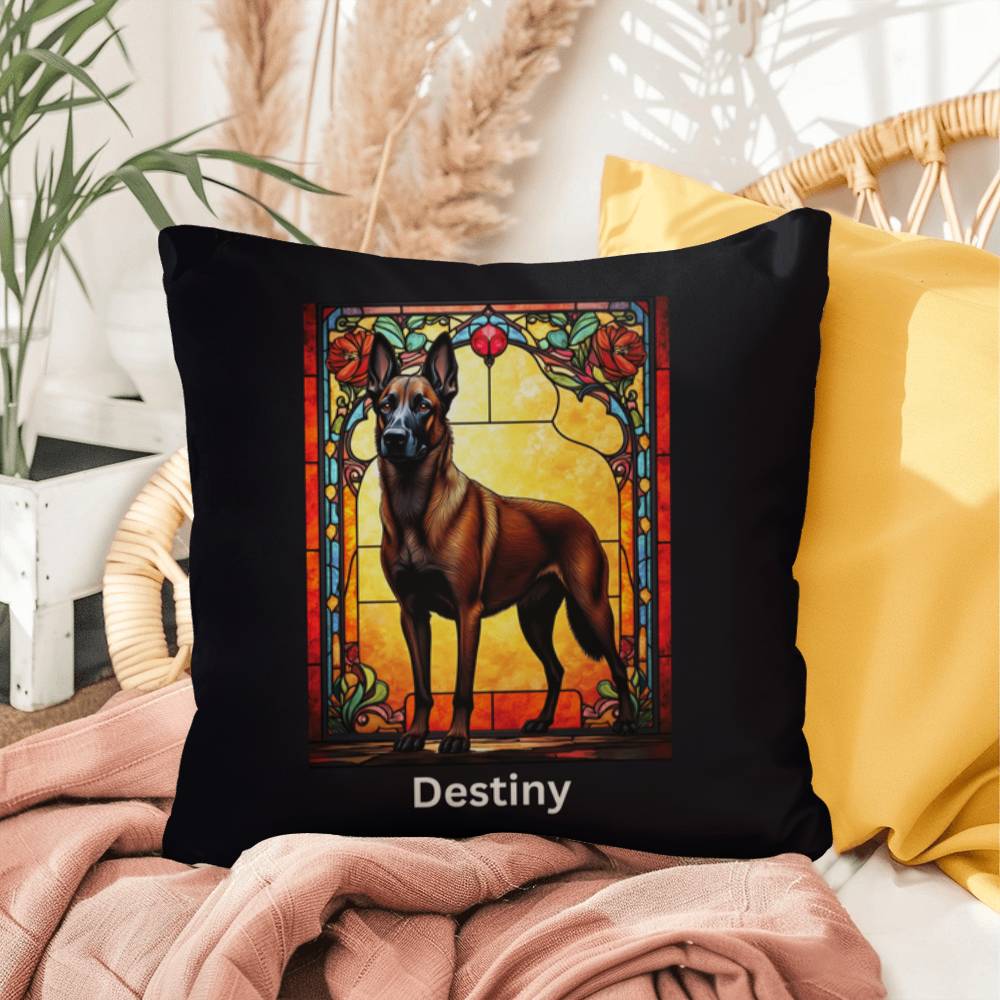 Belgian Malinois (Red Sable) Indoor/Outdoor Pillow - Personalized Stained Glass Dog Tribute & Comfort Gift