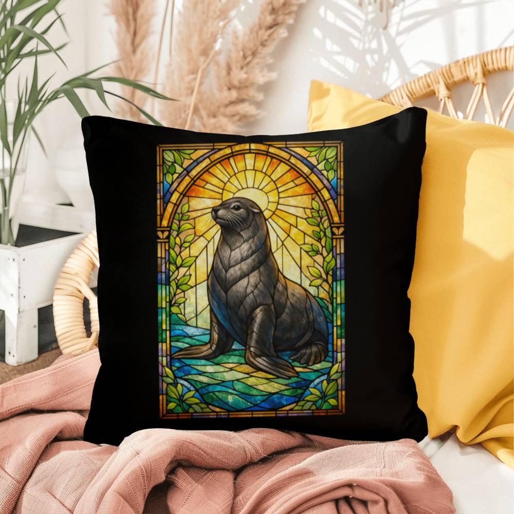 Shop our premium sea lion stained glass style throw pillow from MySisterIsASurvivor.