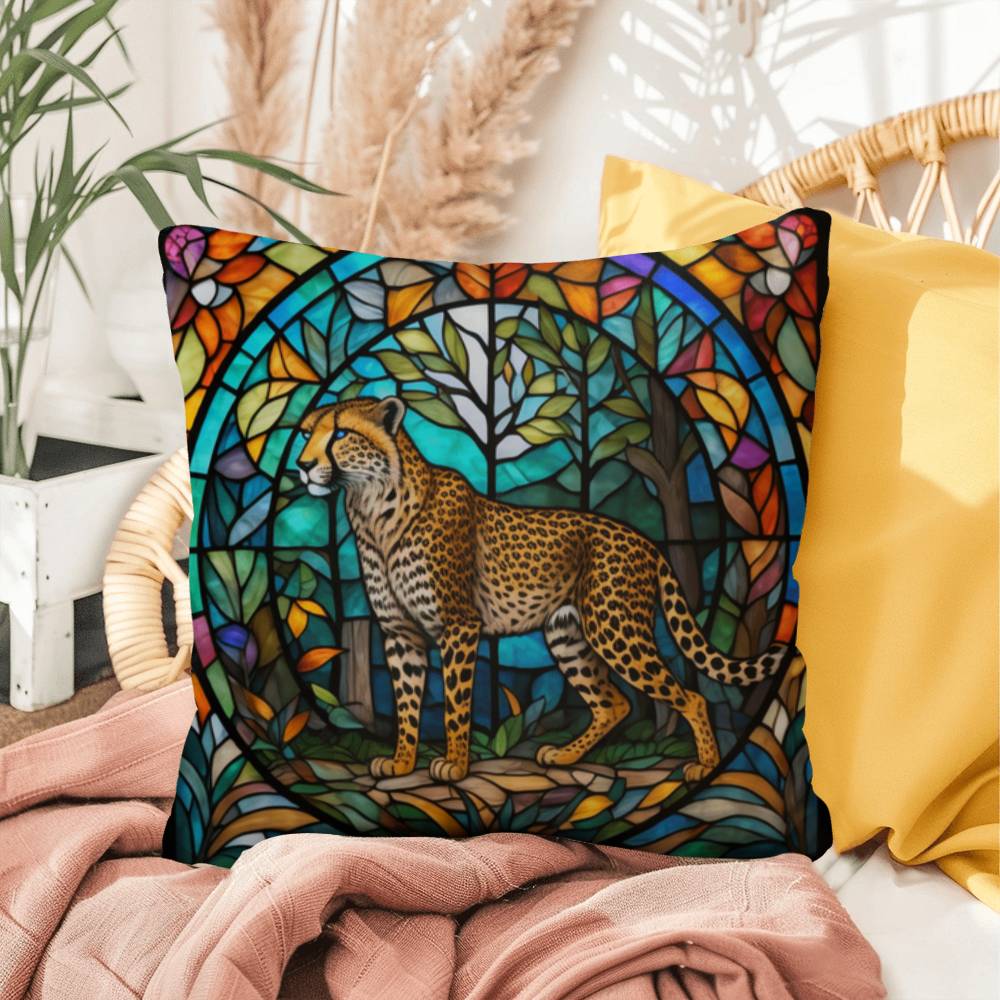 Cheetah stained glass throw pillow, indoor outdoor animal print decor, safari home accent cushion