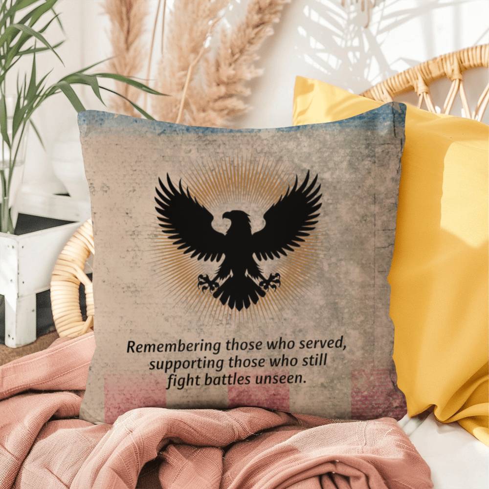 Remembering Those Who Served Indoor/Outdoor Pillow: Resilient Comfort - Mental Health & Memorial Tribute