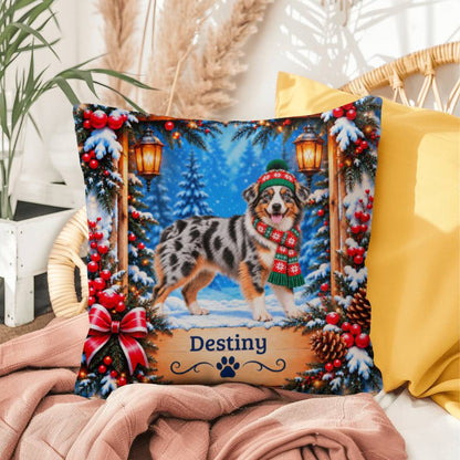 Australian Shepherd (Blue Merle Tri Coat) - Personalized Blue-Eyed Aussie Pillow, Winter Dog Gift
